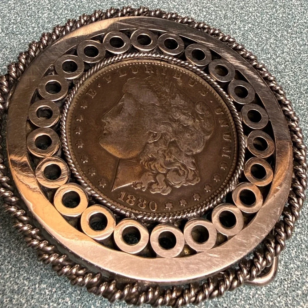 Vintage 1880 Morgan Silver Dollar Belt Buckle Round Western Coin Jewelry